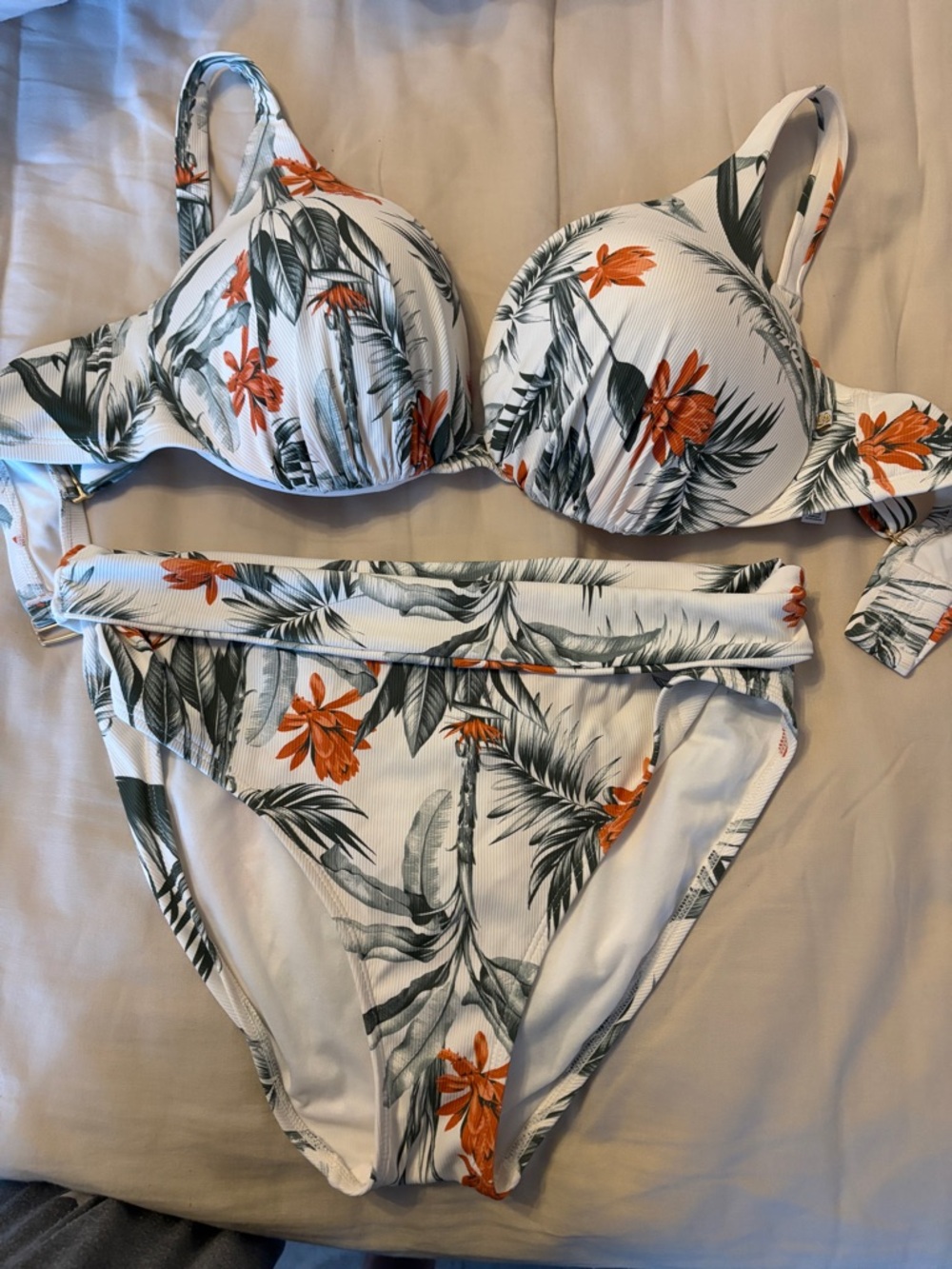 La vie en rose Tropical Floral Bikini Set — White with Orange & Green Print